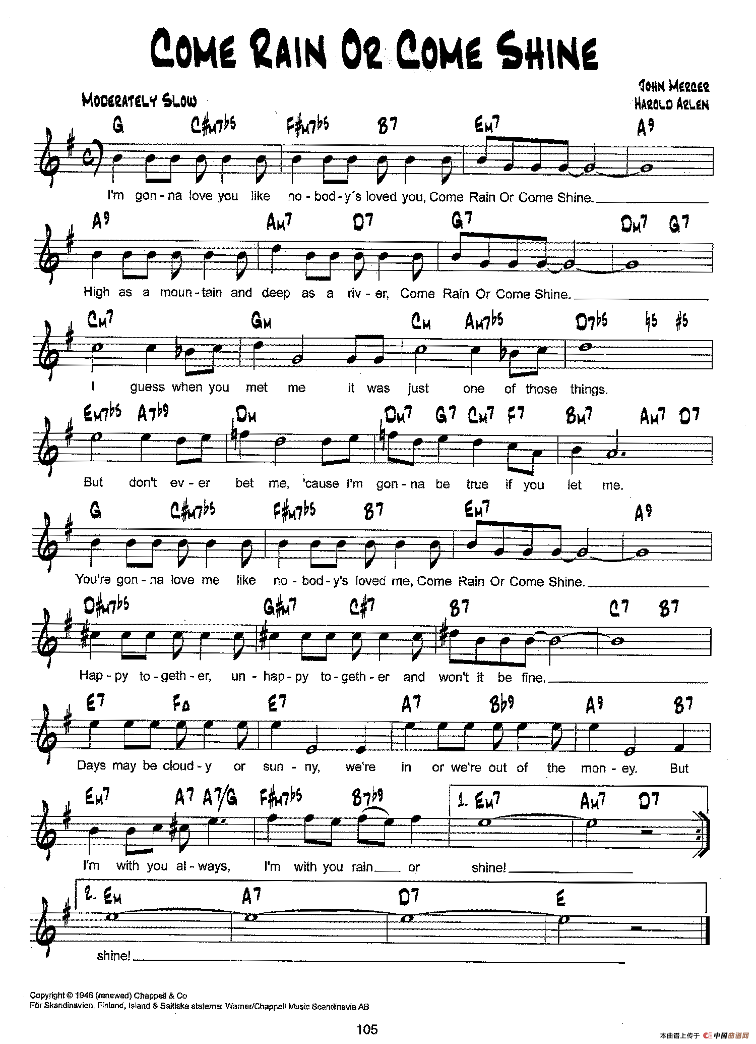 降B爵士乐谱：COME RAIN OR COME SHINE