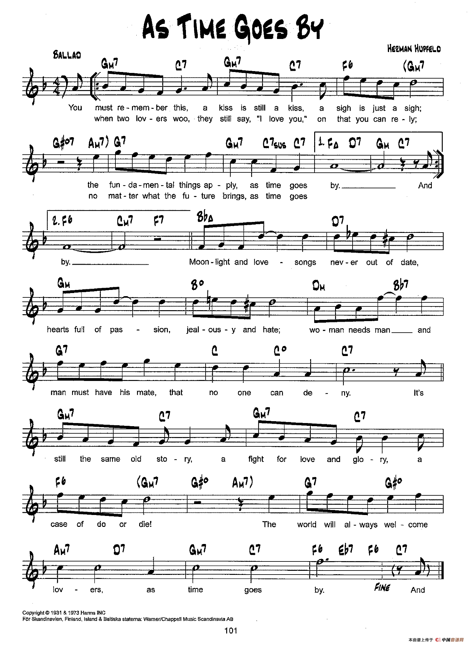 降B爵士乐谱：AS TIME GOES BY