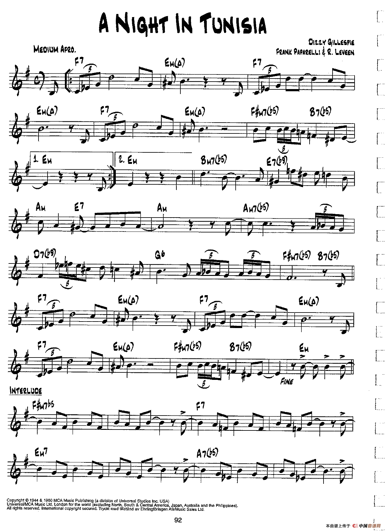 降B爵士乐谱：A NIGHT IN TUNISIA