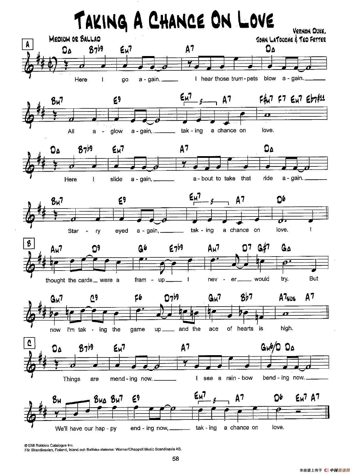 降B爵士乐谱：TAKING A CHANCE ON LOVE