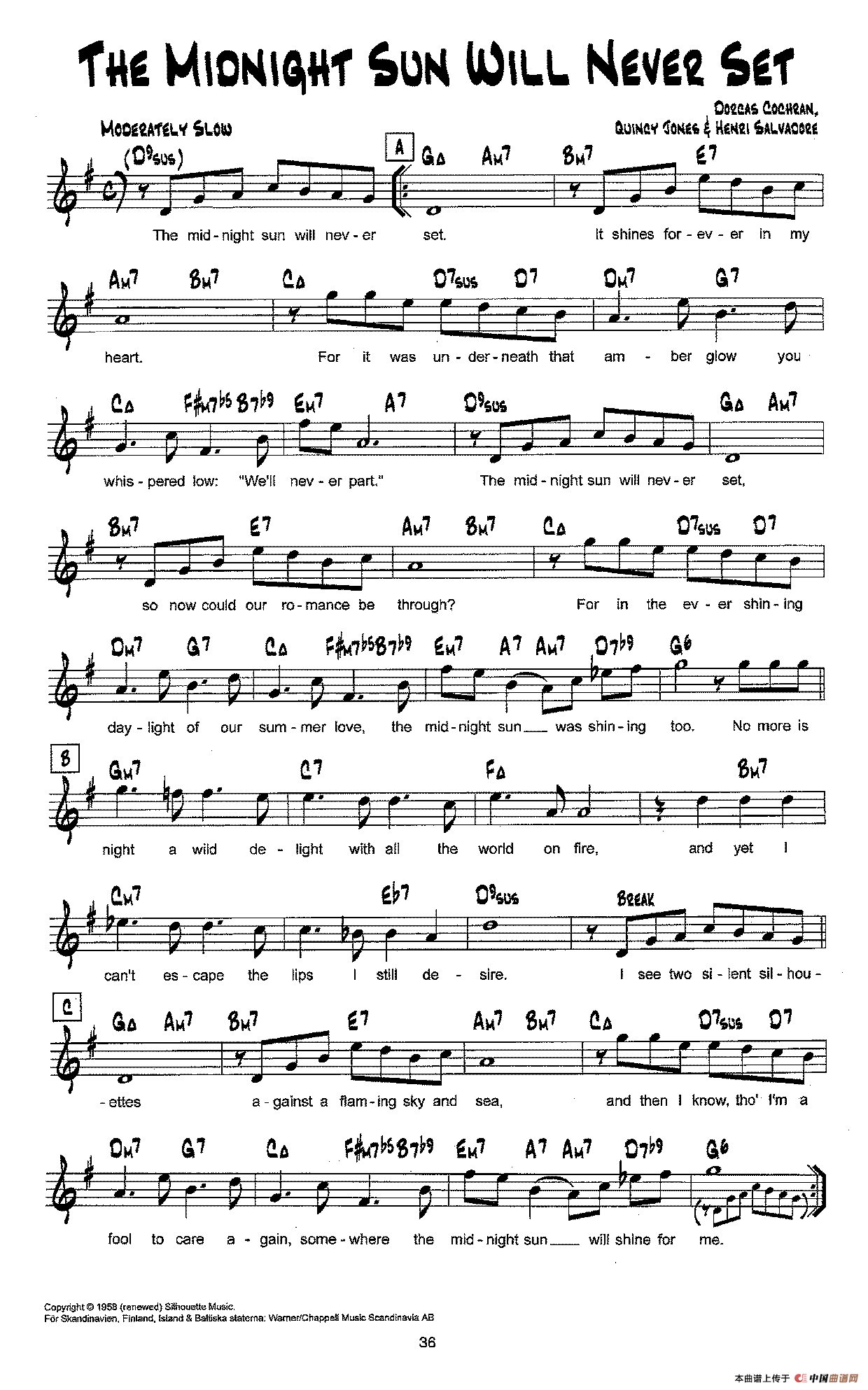 降B爵士乐谱：THE MIONIGHT SUN WILL NEVER SET