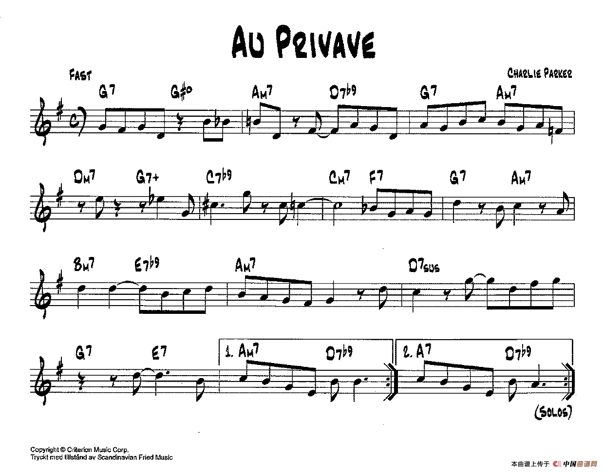 降B爵士乐谱：AU PRIVAVE