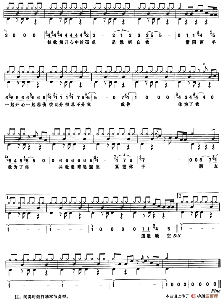 朋友（架子鼓、鼓谱+简谱+歌词）