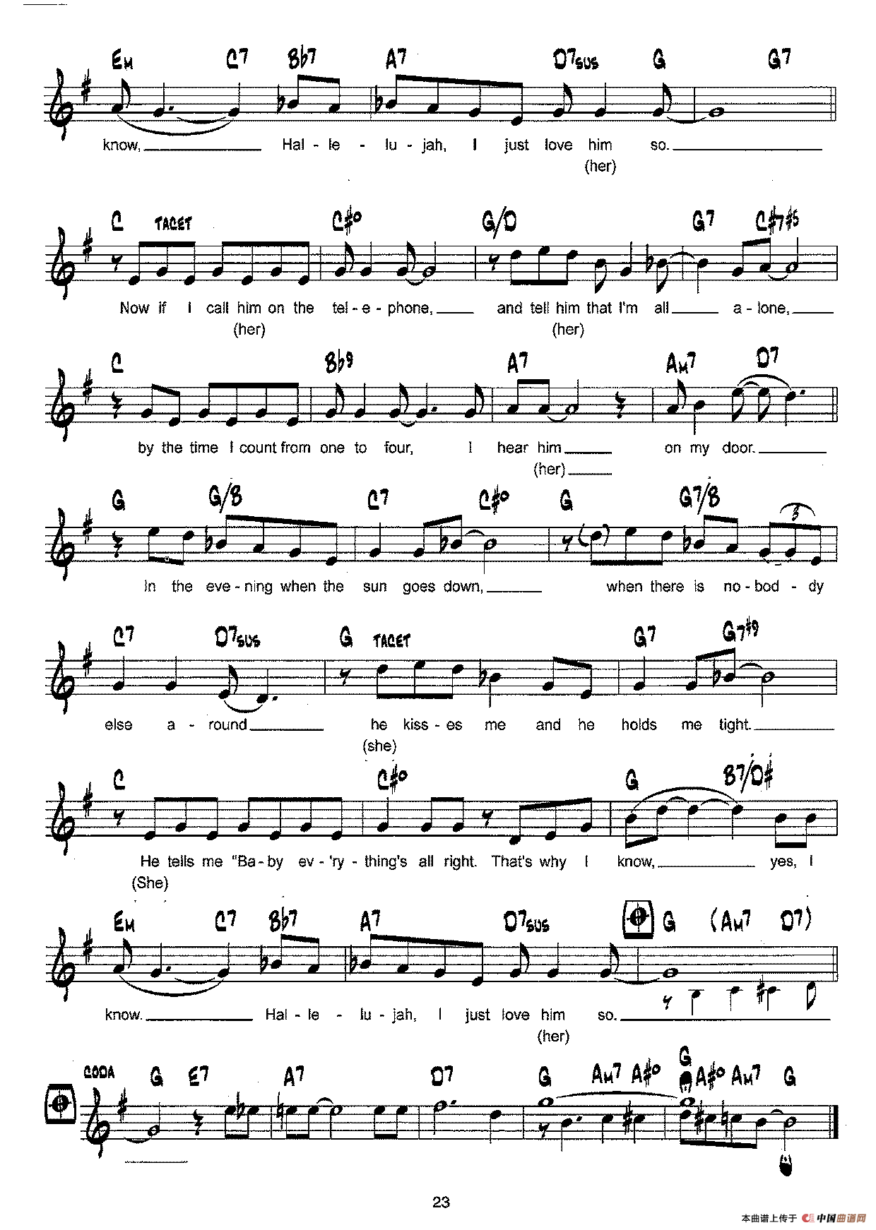 降B爵士乐谱：HALLELUJAH,I LOVE HIM SO