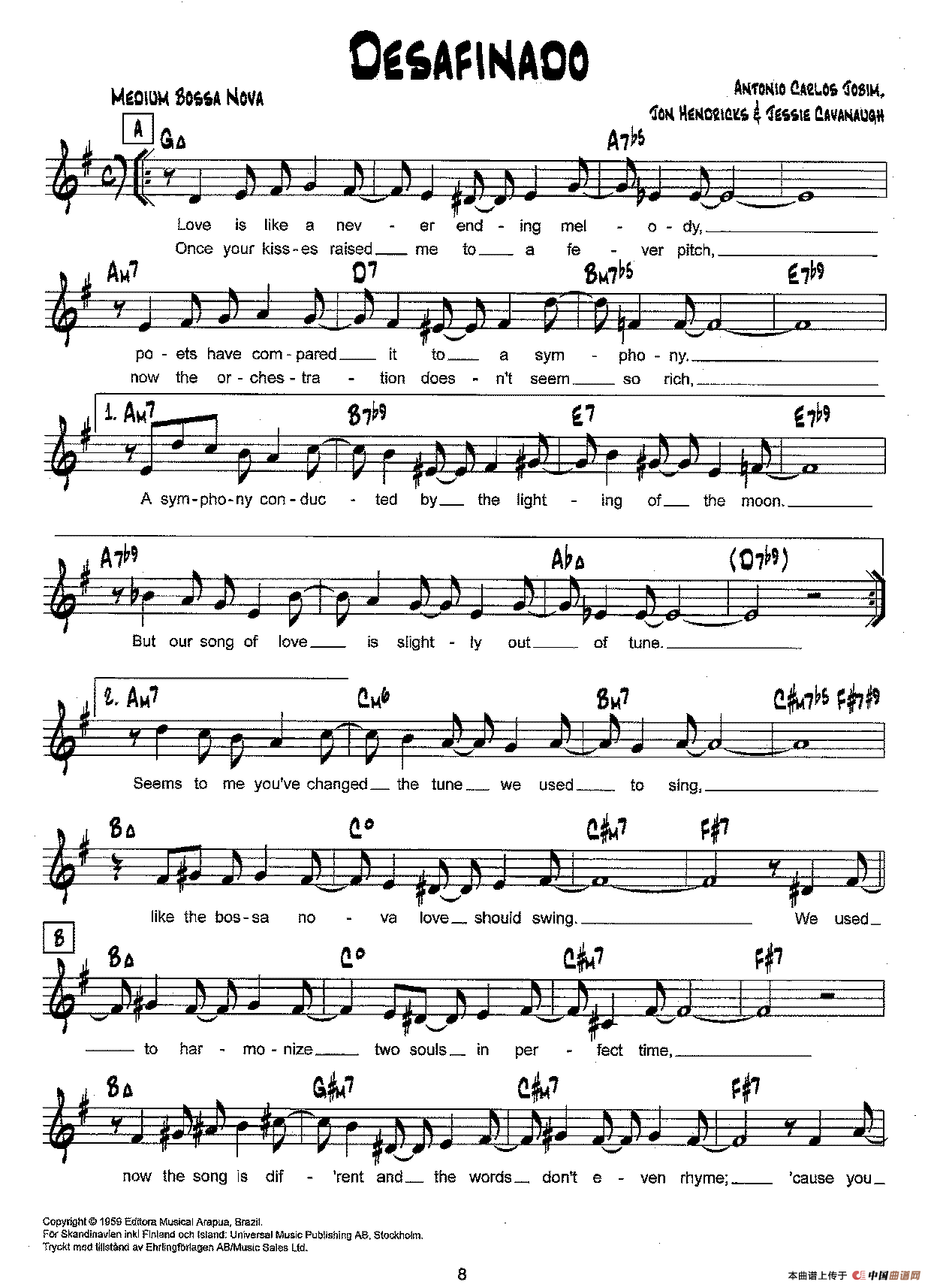 降B爵士乐谱：DESAFINADO