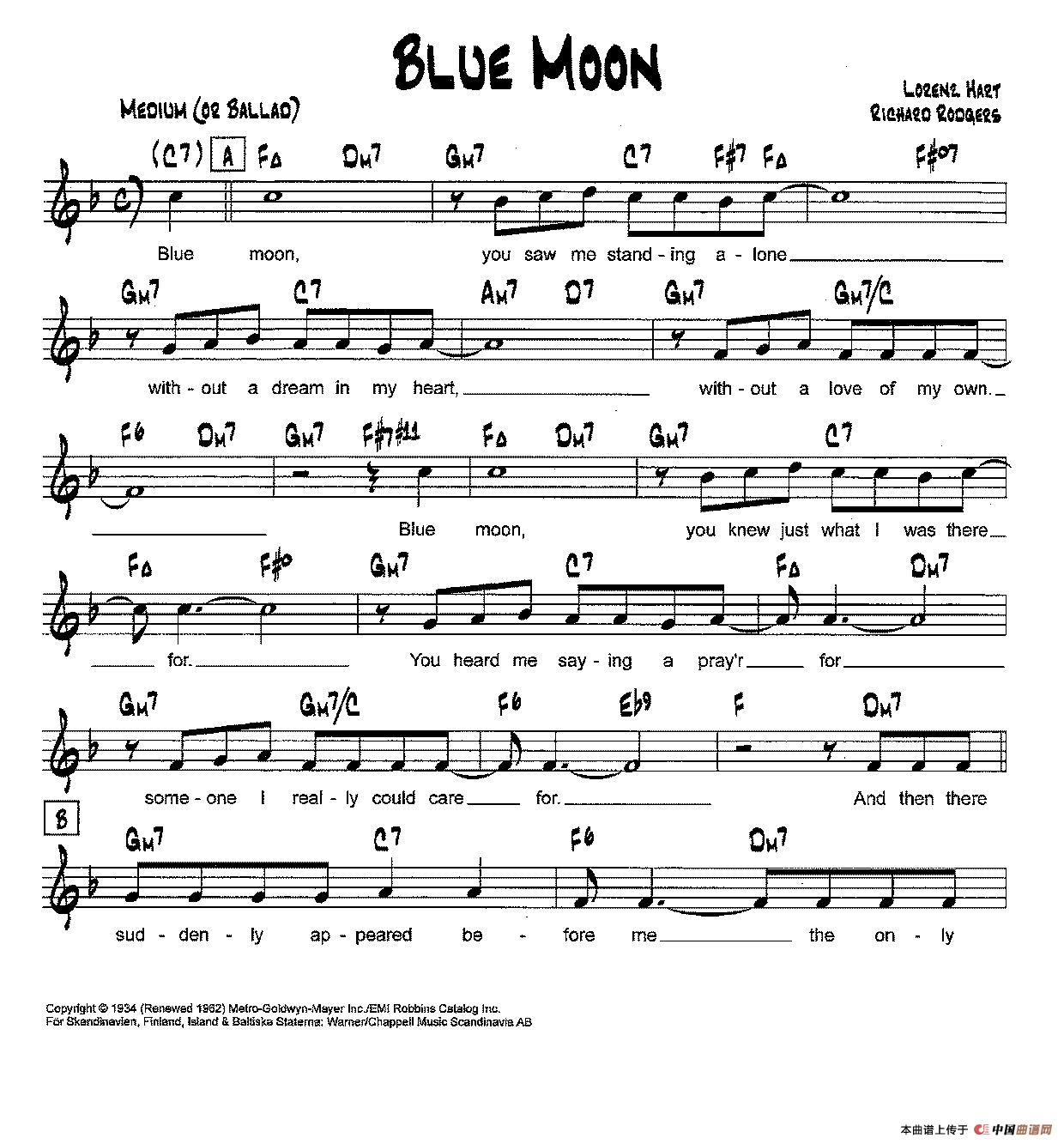 降B爵士乐谱：BLUE MOON