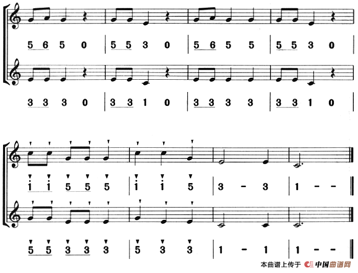 啄木鸟 （八孔竖笛线简谱对照版、二重奏）