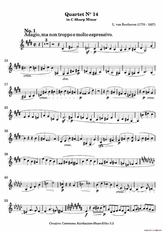 Quartet No.14 in C Sharp Minor（第十四号升C小调弦乐四重奏）（第二小提琴分谱）