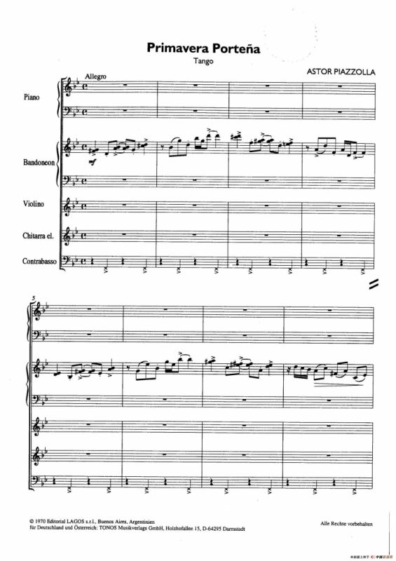 Primavera Portena Tango（四季-布宜诺斯艾利斯的春天）（五重奏总谱、分谱）
