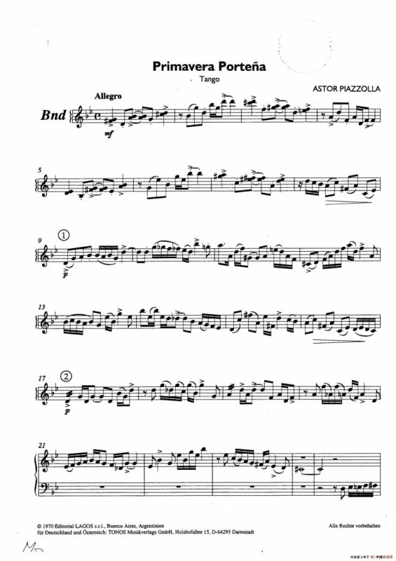 Primavera Portena Tango（四季-布宜诺斯艾利斯的春天）（五重奏总谱、分谱）