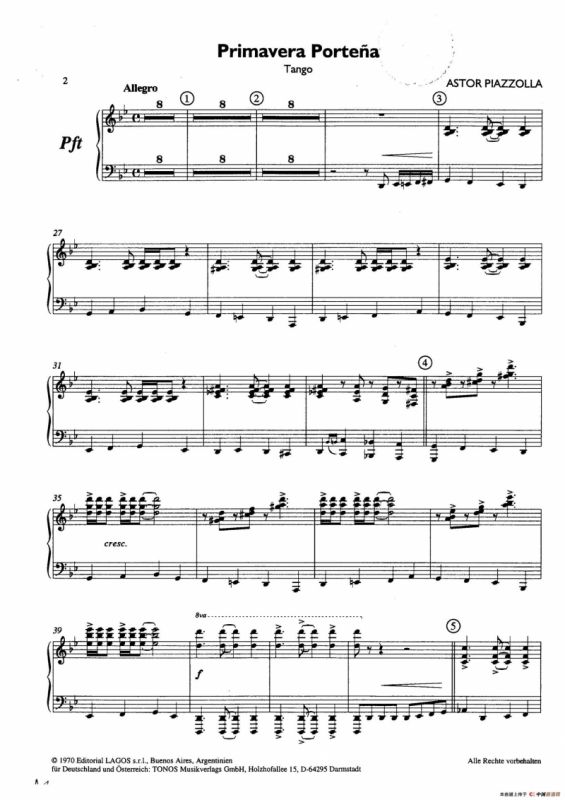 Primavera Portena Tango（四季-布宜诺斯艾利斯的春天）（五重奏总谱、分谱）