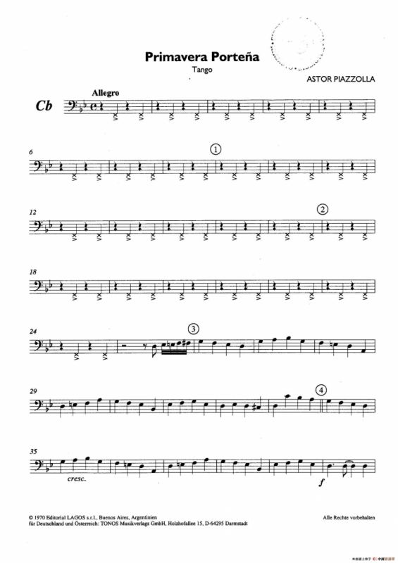 Primavera Portena Tango（四季-布宜诺斯艾利斯的春天）（五重奏总谱、分谱）