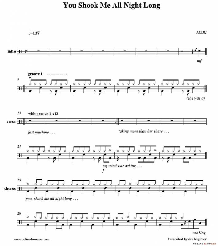 You Shook Me All Night Long（鼓谱）