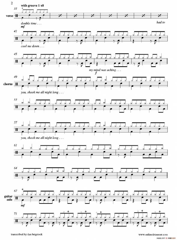 You Shook Me All Night Long（鼓谱）