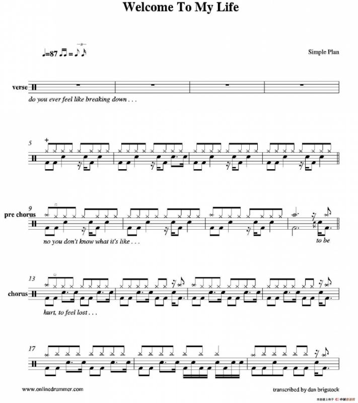 Welcome To My Life（鼓谱）
