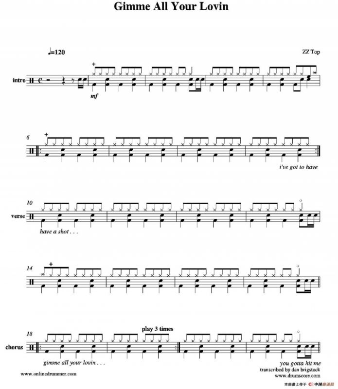 Gimme All Your Lovin（鼓谱）