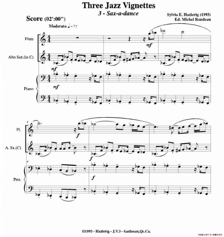 Three jazz vignettes（第三乐章）（长笛中萨钢琴三重奏总谱）