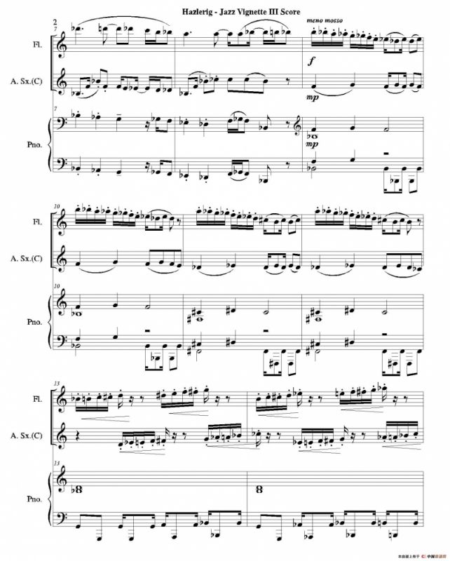 Three jazz vignettes（第三乐章）（长笛中萨钢琴三重奏总谱）