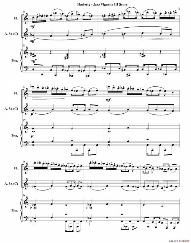 Three jazz vignettes（第三乐章）（长笛中萨钢琴三重奏总谱）
