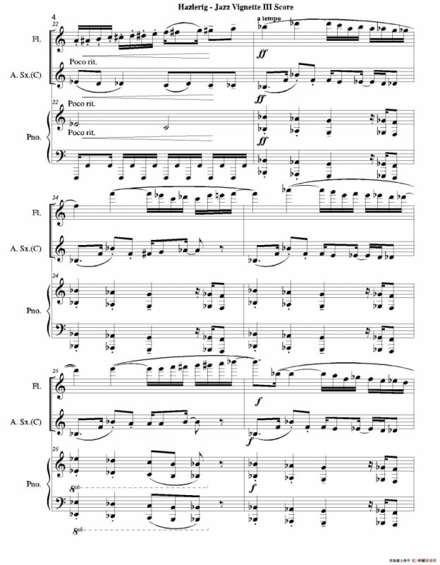 Three jazz vignettes（第三乐章）（长笛中萨钢琴三重奏总谱）