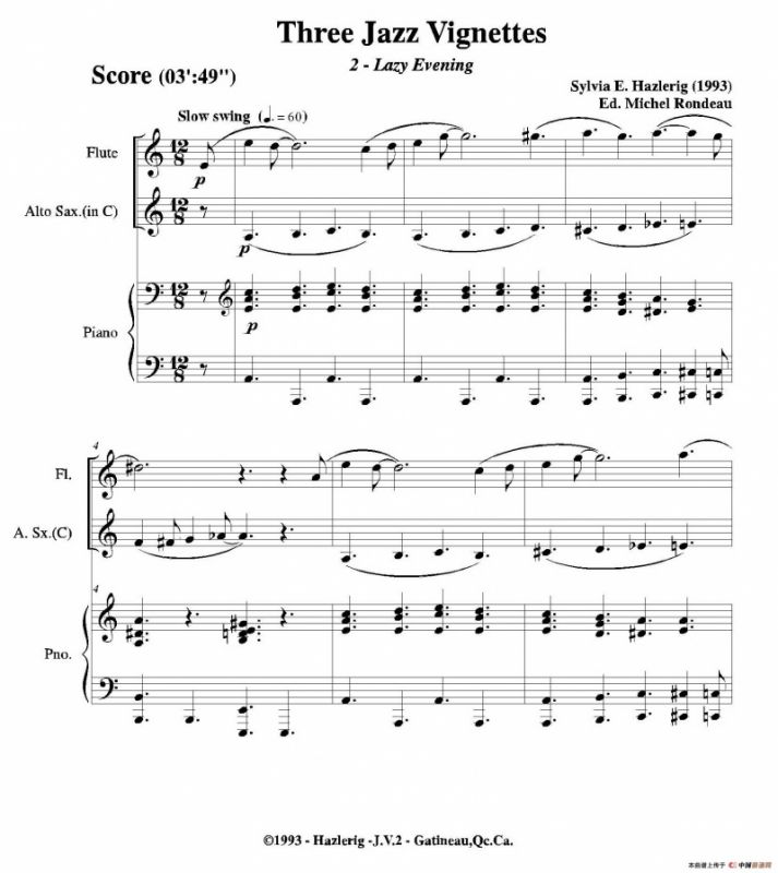 Three jazz vignettes（第二乐章）（长笛中萨钢琴三重奏总谱）