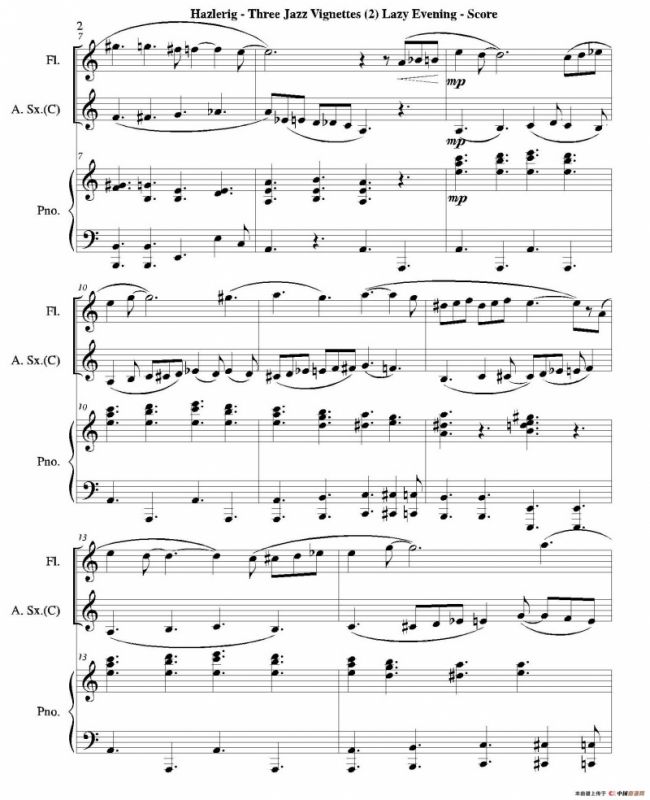 Three jazz vignettes（第二乐章）（长笛中萨钢琴三重奏总谱）