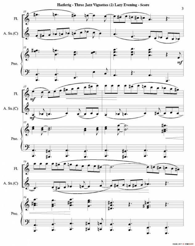 Three jazz vignettes（第二乐章）（长笛中萨钢琴三重奏总谱）