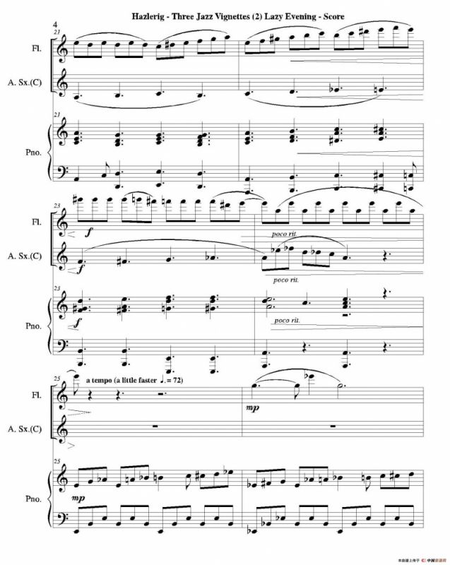 Three jazz vignettes（第二乐章）（长笛中萨钢琴三重奏总谱）
