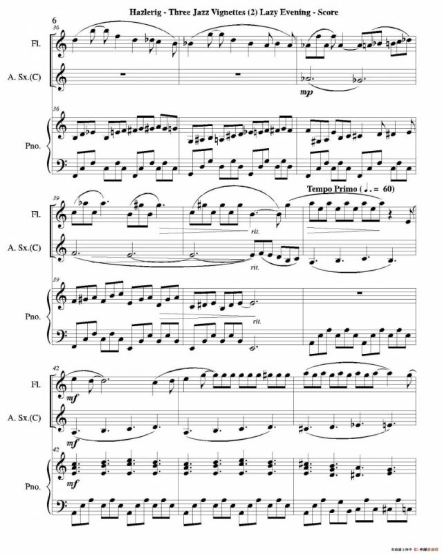 Three jazz vignettes（第二乐章）（长笛中萨钢琴三重奏总谱）
