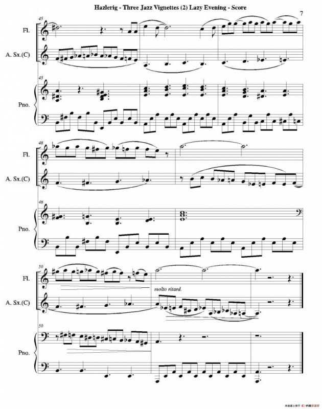 Three jazz vignettes（第二乐章）（长笛中萨钢琴三重奏总谱）