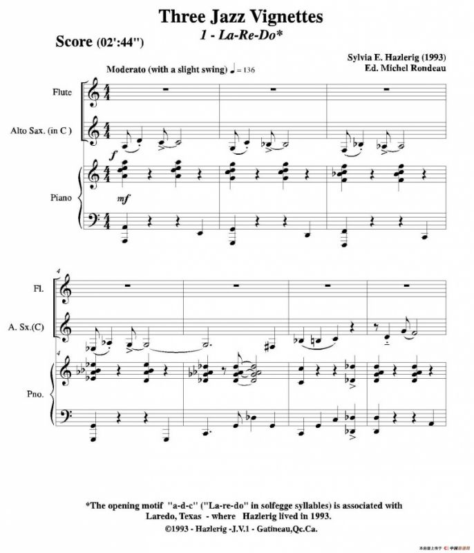 Three jazz vignettes（第一乐章）（长笛中萨钢琴三重奏总谱）