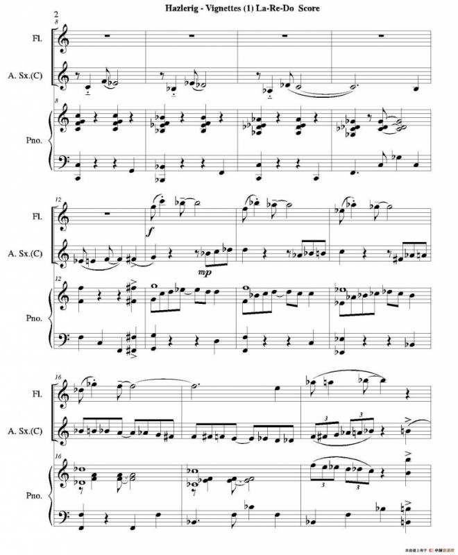 Three jazz vignettes（第一乐章）（长笛中萨钢琴三重奏总谱）