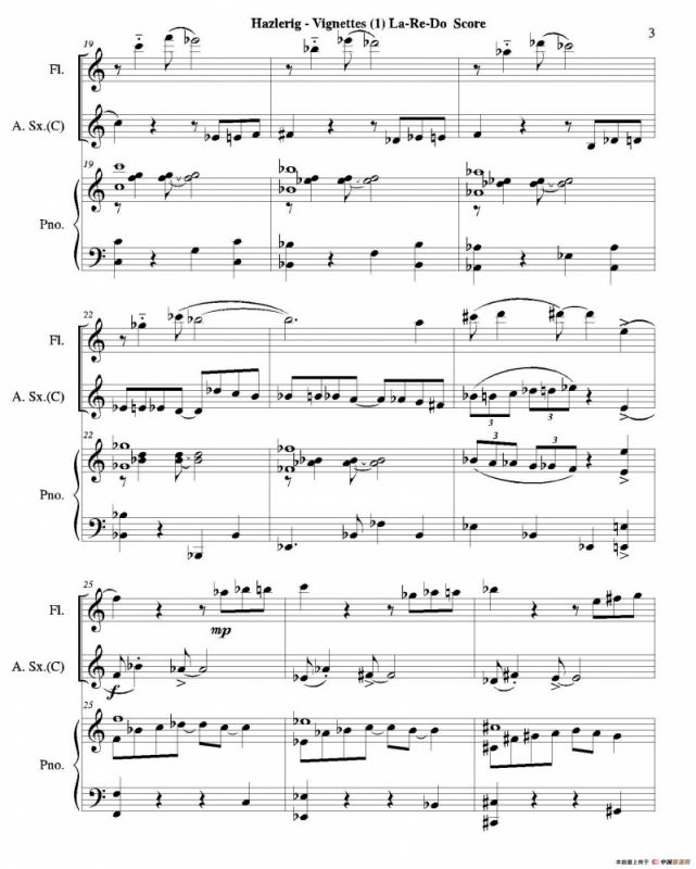 Three jazz vignettes（第一乐章）（长笛中萨钢琴三重奏总谱）
