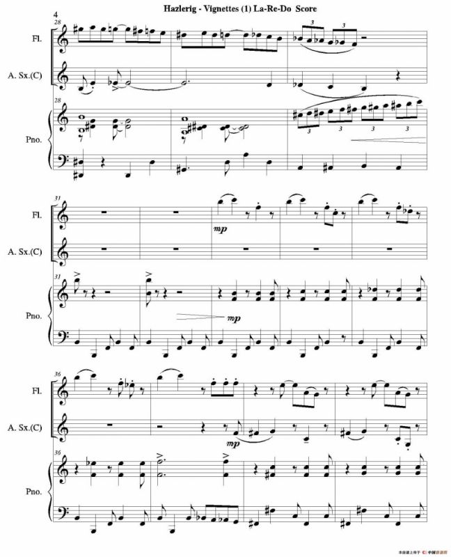 Three jazz vignettes（第一乐章）（长笛中萨钢琴三重奏总谱）