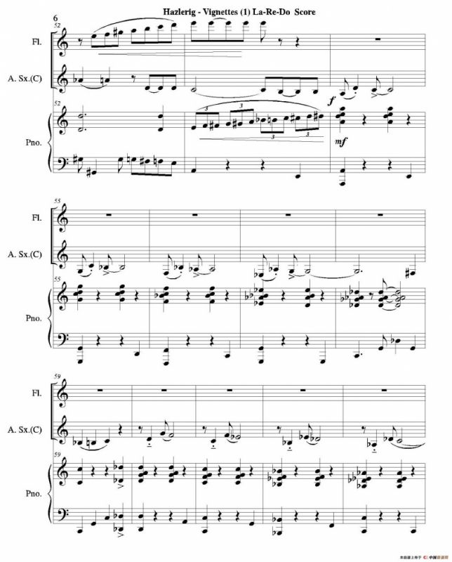 Three jazz vignettes（第一乐章）（长笛中萨钢琴三重奏总谱）