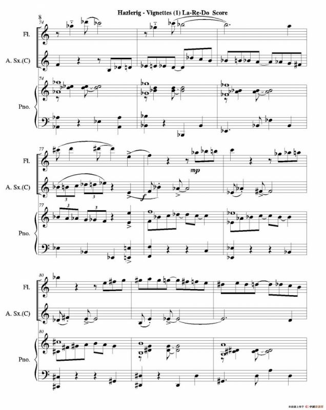 Three jazz vignettes（第一乐章）（长笛中萨钢琴三重奏总谱）