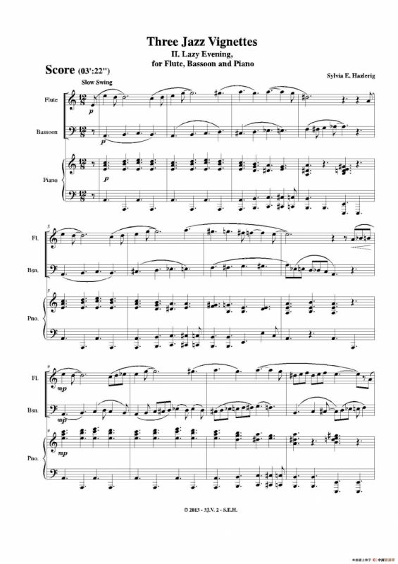 Three jazz vignettes（第二乐章）（长笛巴松钢琴三重奏）