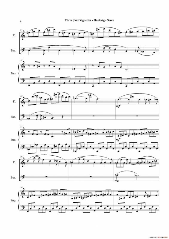 Three jazz vignettes（第二乐章）（长笛巴松钢琴三重奏）