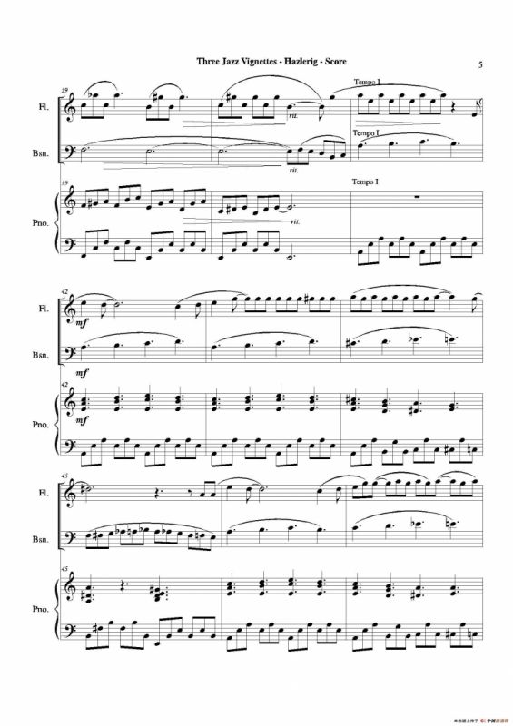 Three jazz vignettes（第二乐章）（长笛巴松钢琴三重奏）