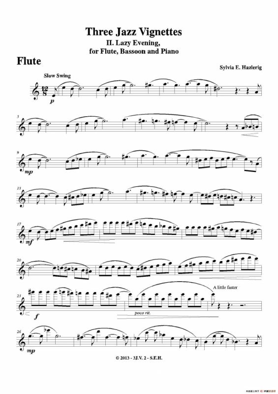 Three jazz vignettes（第二乐章）（长笛巴松钢琴三重奏）
