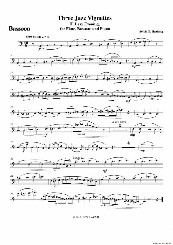 Three jazz vignettes（第二乐章）（长笛巴松钢琴三重奏）