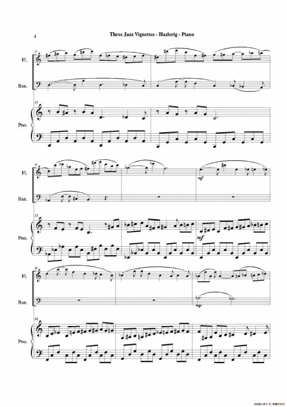 Three jazz vignettes（第二乐章）（长笛巴松钢琴三重奏）
