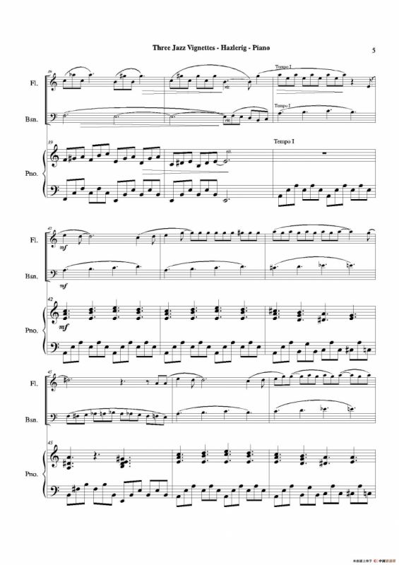 Three jazz vignettes（第二乐章）（长笛巴松钢琴三重奏）