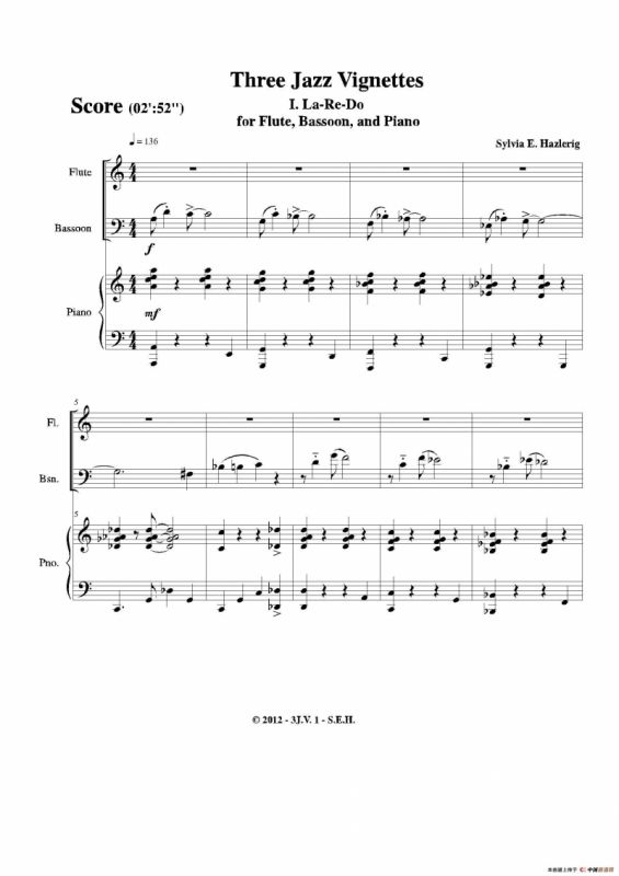 Three jazz vignettes（第一乐章）（长笛巴松钢琴三重奏）