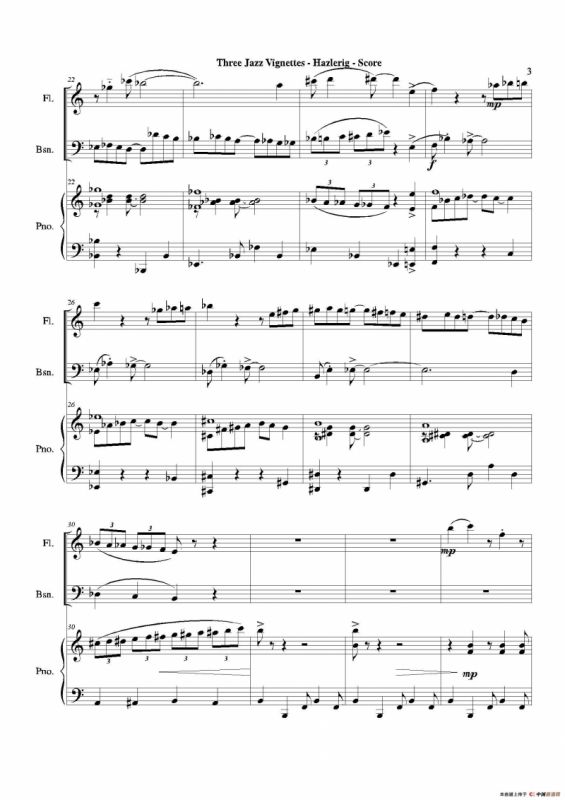 Three jazz vignettes（第一乐章）（长笛巴松钢琴三重奏）