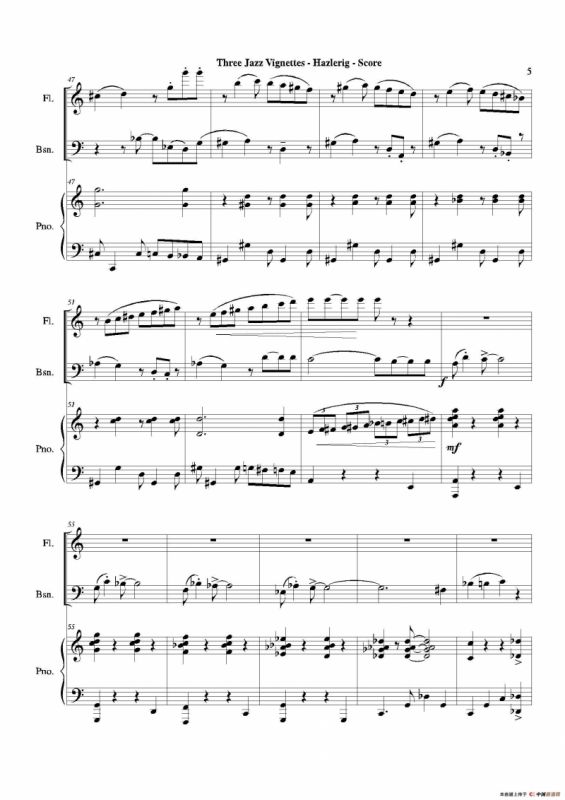 Three jazz vignettes（第一乐章）（长笛巴松钢琴三重奏）