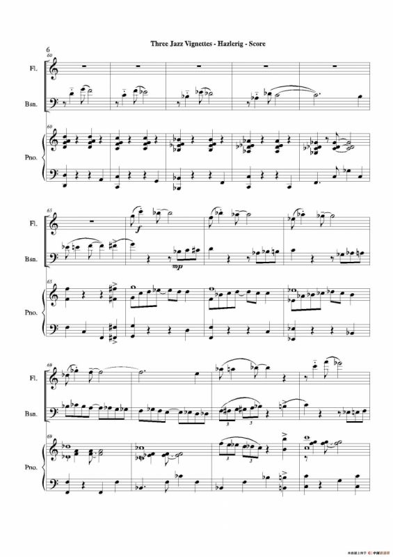 Three jazz vignettes（第一乐章）（长笛巴松钢琴三重奏）