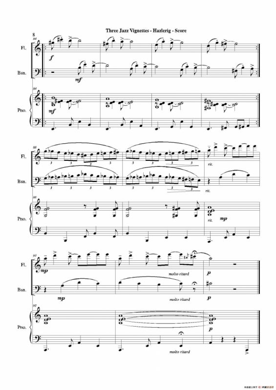 Three jazz vignettes（第一乐章）（长笛巴松钢琴三重奏）