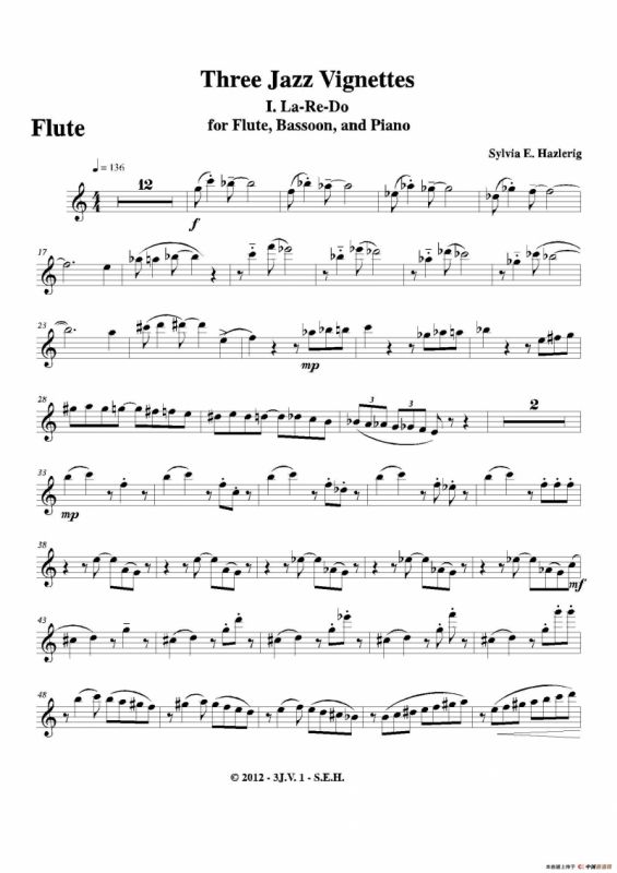 Three jazz vignettes（第一乐章）（长笛巴松钢琴三重奏）