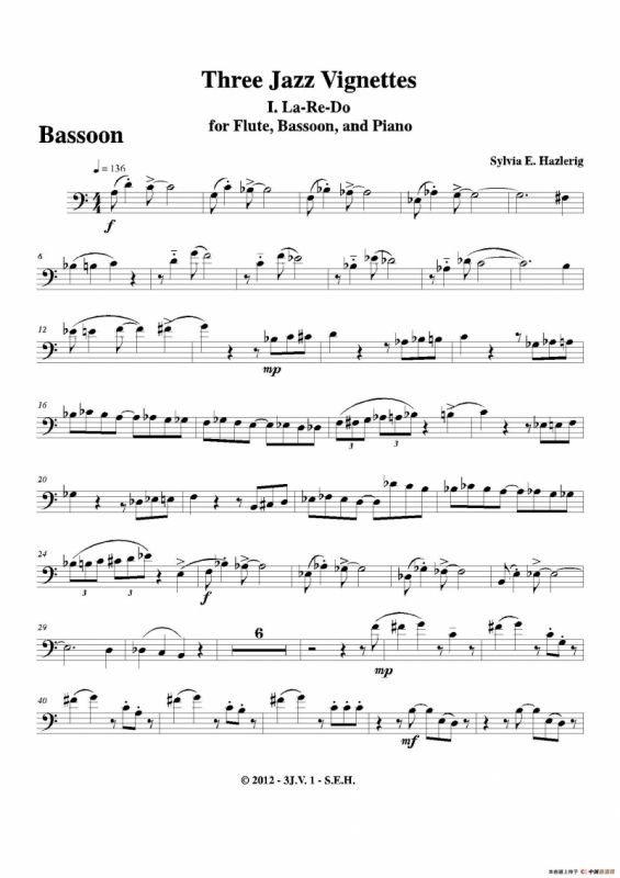 Three jazz vignettes（第一乐章）（长笛巴松钢琴三重奏）